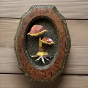 Vintage MUSHROOM Wall Hanging Handmade 7" Recessed Brass on Chipboard 70s Retro